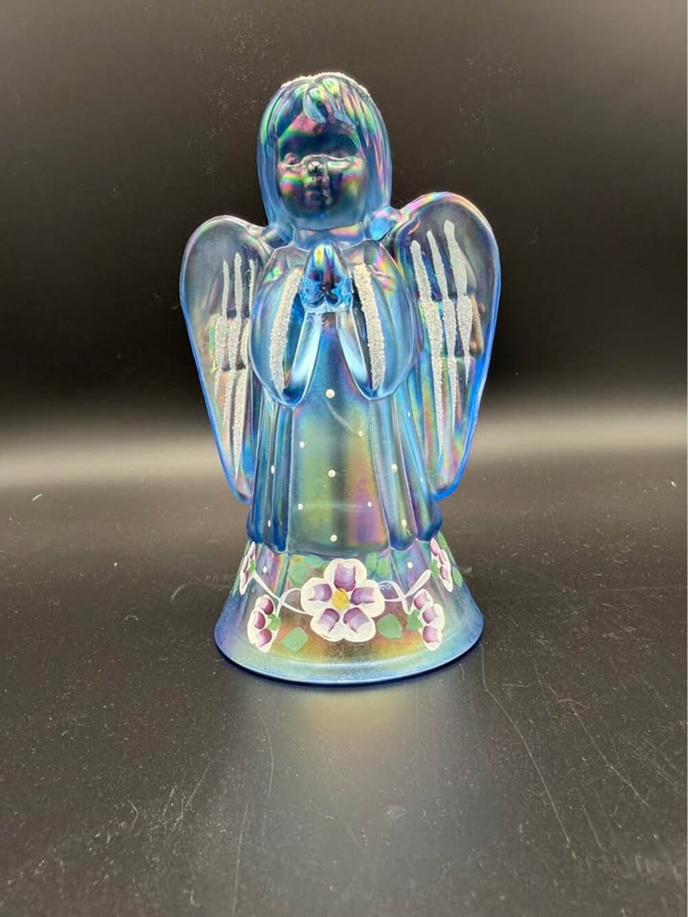 Fenton Hand Painted Blue Iridescent Angel Figurine Signed Artist USA Glass